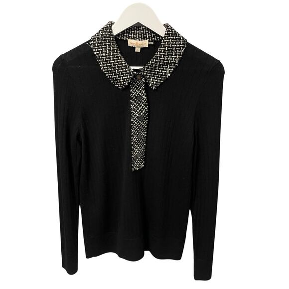 Tory Burch Merino Wool Black Knit Tweed Collar Polo Top Womens Large AS IS - Picture 1 of 10